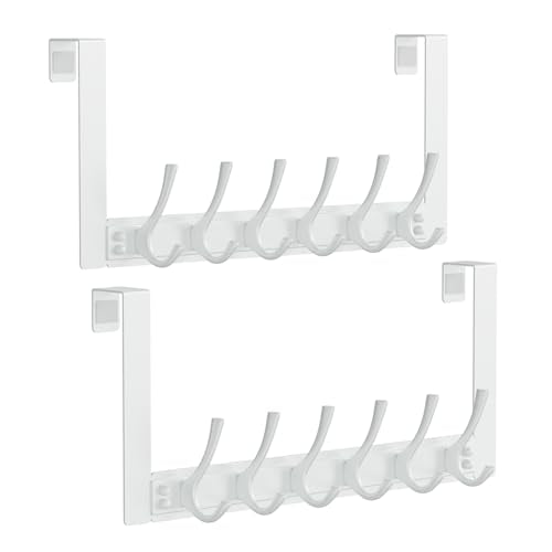 BAKON 2 Packs Over The Door Hooks with 6 Hook, Heavy Duty Over Door Hanger for Hanging Clothes Coat Hat Jacket, Door Coat Rack for Bathroom Closet Laundry Bedroom Kitchen Living Room Home Organizer - color: White, 2 Pack