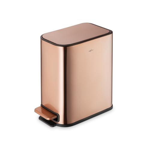 RED FACTOR Slim Small 1.3 Gallon Stainless Steel Pedal Trash Can with Soft Close Lid for Narrow Spaces – Wastebasket Bin with Removable Inner Bucket for Bathroom, Kitchen, Bedroom, or Office (Copper) - color: Copper