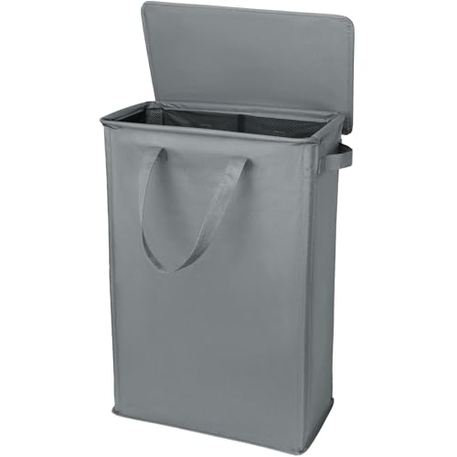 GOMAJI Slim Laundry Basket with Lid and Handles, Foldable Laundry Basket for Clothes, Clothes Hamper Easy to Carry, Dirty Hampers for Bedroom, Bathroom, Dorm, College, 12.7 Gallons(48L) - color: DARK GREY