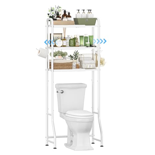 Simple Trending Expandable Over The Toilet Storage Rack, Metal 3 Tier Bathroom Organizer Shelf with Paper Holder and 3 Hooks, White - color: White