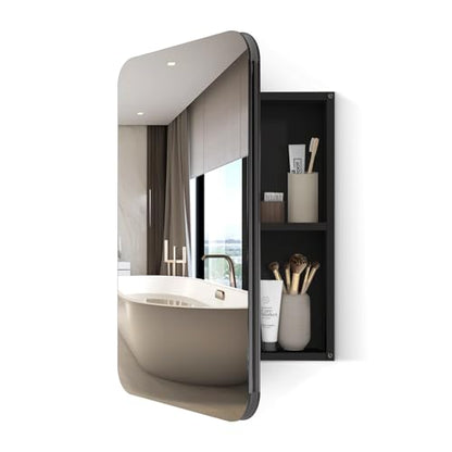 24x16 Inch Bathroom Medicine Cabinet Black, Wall Mounted Bathroom Medicine Cabinets or Recessed Mirror Cabinet Rounded Rectangle Medicine Cabinets - color: Black Aluminium（24‘’x16‘’）