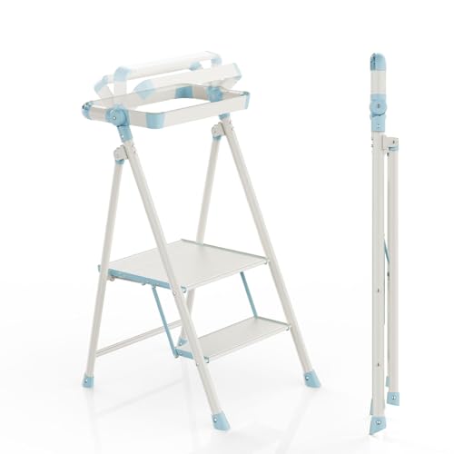 Foldable Toddler Tower, 2-Step Kids Step Stool with Safety Rail, Compact Folding Toddler Standing Stool for Kitchen, Bathroom and Home, Step Ladder for Toddlers and Adults - color: Sea Salt Blue