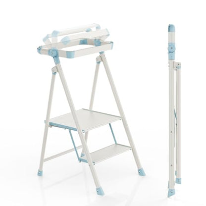 Foldable Toddler Tower, 2-Step Kids Step Stool with Safety Rail, Compact Folding Toddler Standing Stool for Kitchen, Bathroom and Home, Step Ladder for Toddlers and Adults - color: Sea Salt Blue