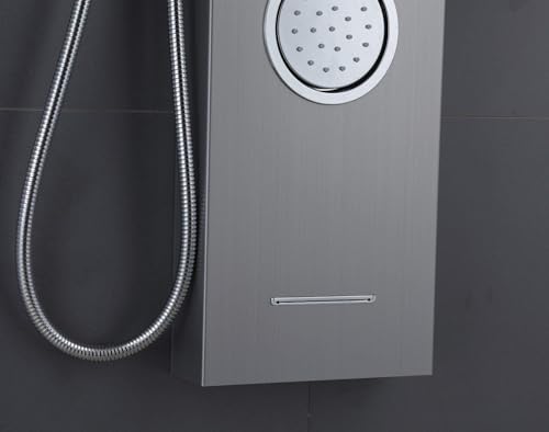 ELLO&ALLO Shower Panel System Tower with Shelf, LED Rainfall and Mist Shower Head Rain Massage Stainless Steel Shower Fixtures with Body Jets, Brushed Nickel