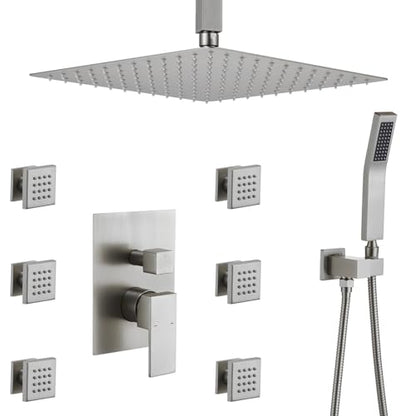 Rain Shower System With Complete 6 Pcs Body Sprays Jets And Pressured Balance Rough-in Valve,12Inch Rainfall Shower Head And Handheld, Modern Brushed Nickel Ceiling Mount Shower Faucet Sets - color: Brushed Nickel, style: Ceiling-Mount 6 Jets