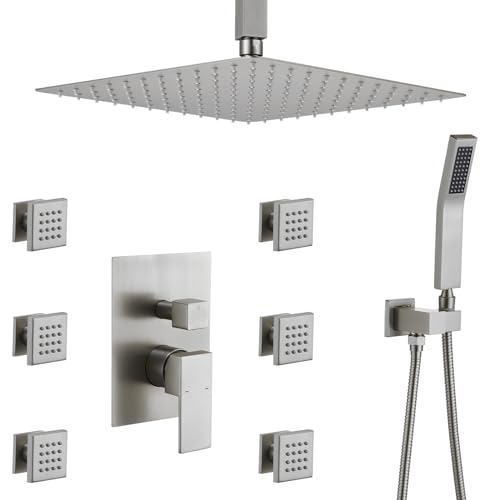 Rain Shower System With Complete 6 Pcs Body Sprays Jets And Pressured Balance Rough-in Valve,12Inch Rainfall Shower Head And Handheld, Modern Brushed Nickel Ceiling Mount Shower Faucet Sets - color: Brushed Nickel, style: Ceiling-Mount 6 Jets