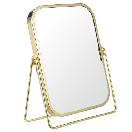 Vanity Makeup Mirror with Stand Double-Sided Swivel Tabletop Mirror for Makeup Desk Bathroom Countertop Dressing Table Bedroom Dresser Golden Metal Frame 7.87 * 6.1 * 2.71inch