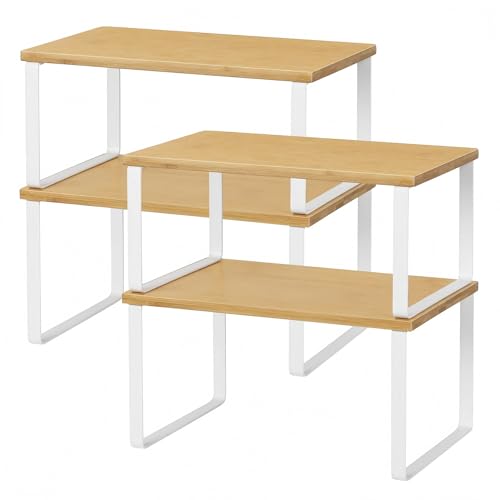 NEX Bamboo Kitchen Cabinet and Counter Shelf Organizer, Stackable & Expandable, Set of 4, White and Natural | Stackable & Expandable Spice Rack, Space-Saving Pantry Organizers Bathroom Countertop Storage, White and Natural - color: Cloud White + Natural B