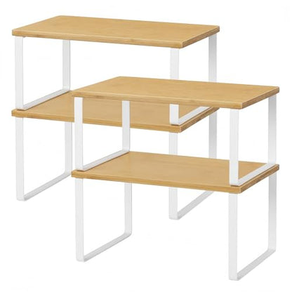 NEX Bamboo Kitchen Cabinet and Counter Shelf Organizer, Stackable & Expandable, Set of 4, White and Natural | Stackable & Expandable Spice Rack, Space-Saving Pantry Organizers Bathroom Countertop Storage, White and Natural - color: Cloud White + Natural B