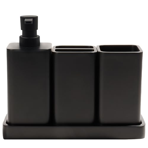 Bathroom Accessories Set, 4 Piece Toothbrush Holder Set, Matte Black | Bathroom Accessory Set with Soap Dispenser, Toothbrush Holder, Tumbler, Vanity Tray, Bathroom Sink Set for Modern Home Decor - style: Matte Black