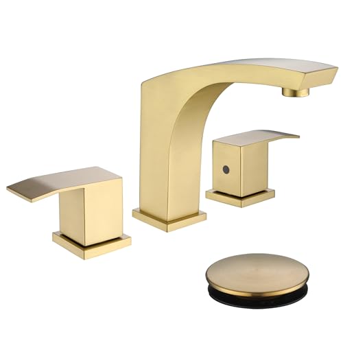 Brushed Gold 3 Hole 8 inch Widespread Bathroom Sink Faucet Modern | with Pop Up Drain and cUPC Supply Hose, 2 Handle 8 inch Brass Wide Spread Vanity Faucet, Restroom Basin Taps - color: Brushed Gold, size: 8 Inch Widespread
