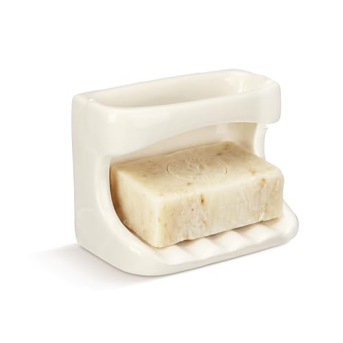 Almond Ceramic Soap Bar Holder Mid Century Modern Vintage Ceramic Soap Dish Tray Retro Wall Mounted Soaps Saver Tray Container Cloth Washcloth Holder for Shower Countertop Bathroom Kitchen - color: Almond