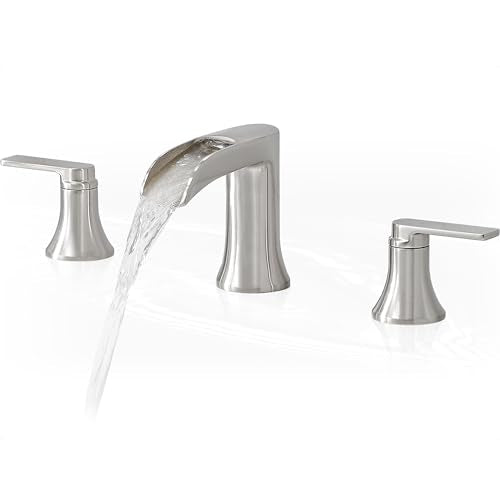 Brushed Nickel Waterfall Bathroom Faucet 3 Hole, 8-16 Inch Widespread 2 Handle Faucets for Bathroom Sinks Vanity Lavatory Sanitary Modern Restroom, Brass Material, NO Pop-up Drain - color: Brushed Nickel, style: NO Pop Up Drain