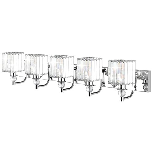Ralbay Modern Crystal Bathroom Vanity Light 5 Light 40''Chrome Vanity Lighting Over Mirror Bathroom Wall Lighting Fixtures - color: Square-Chrome, size: 40 inch