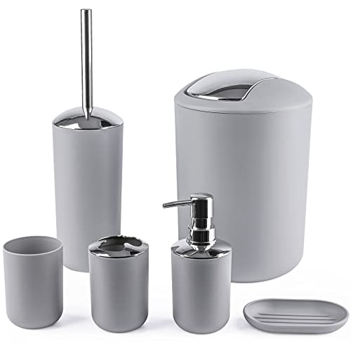 Compact 6-Piece Grey Plastic Bathroom Accessories Set with Small Trash Can, Soap Dispenser, Toothbrush Holder, Cup, Soap Dish, Toilet Brush for Guest Bathroom Dorm Apartment - color: Grey