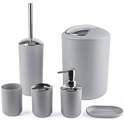 Compact 6-Piece Grey Plastic Bathroom Accessories Set with Small Trash Can, Soap Dispenser, Toothbrush Holder, Cup, Soap Dish, Toilet Brush for Guest Bathroom Dorm Apartment - color: Grey