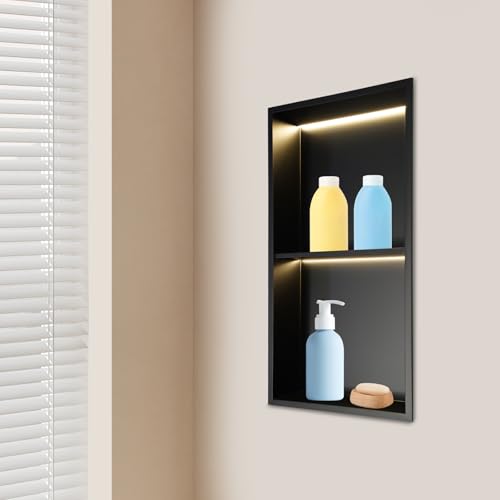 Stainless Steel Shower Niche, 2 Tiers Recessed Shower Niche, 12''x24'' Wall Nich Shower Shelf Insert w/ LED Light & Shelf, Embedded Storage Alcove Wall for Bathroom Storage(Black, LED, 12x24in)