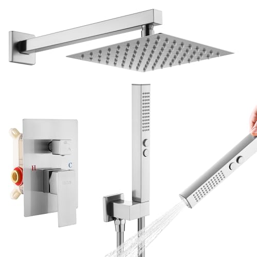 Rain Shower System, 8''Rain Head,2-Spray Handheld,Brushed Nickel | 2 Spray Functions,Anti-Tangle Explosion-proof PVD Hose,Balance Temp Valve,Rust-proof & Scratch-resistant - color: Brushed Nickel, size: 8 Inch
