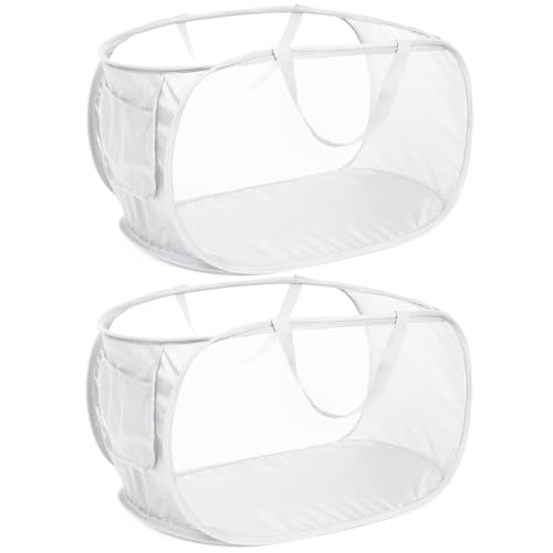 Strong Mesh Pop Up Laundry Basket, Collapsible Laundry Hamper with Side Pocket, Foldable Clothes Hamper with Durable Reinforced Handles for Laundry, Bathroom, Kids Room, Dorm or Travel 2 Pack White - color: 2 x White