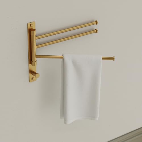 Swivel Towel Rack, Brushed Gold, 12.5 in, 3-Arm Towel Bar | 304 Stainless Steel, Space Saving, Wall Mounted, With Hook - color: Brushed Gold