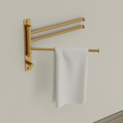 Swivel Towel Rack, Brushed Gold, 12.5 in, 3-Arm Towel Bar | 304 Stainless Steel, Space Saving, Wall Mounted, With Hook - color: Brushed Gold