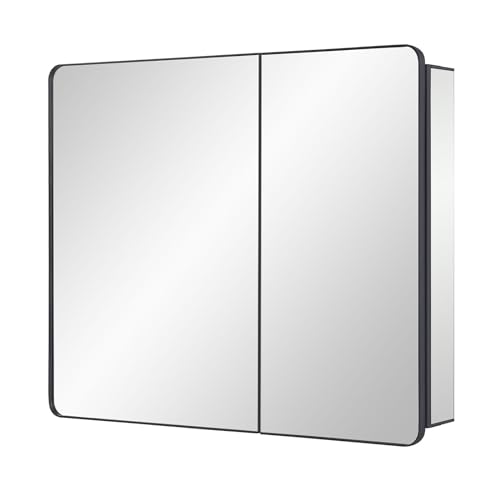 Black Bathroom Mirror Medicine Cabinet with Round Corner Framed Door 30 x 25.6 inch, Recessed or Surface Mount, with Adjustable Glass Shelves - size: 30 x 25.6 inch