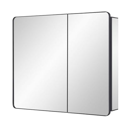 Black Bathroom Mirror Medicine Cabinet with Round Corner Framed Door 30 x 25.6 inch, Recessed or Surface Mount, with Adjustable Glass Shelves - size: 30 x 25.6 inch