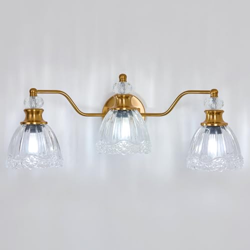 ASGYISA Lyfeesis Gold Bathroom Light Fixtures Over Mirror Vintage Brass Vanity Light 3 Light Crystal Glass Shade Matte Antique Brass Finish