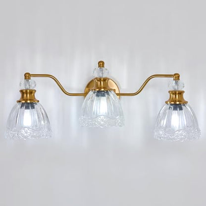 ASGYISA Lyfeesis Gold Bathroom Light Fixtures Over Mirror Vintage Brass Vanity Light 3 Light Crystal Glass Shade Matte Antique Brass Finish