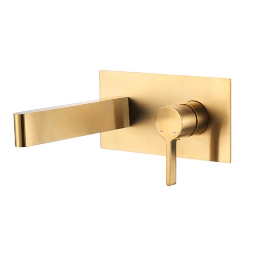 Wall Mount Bathroom Faucet, Single Handle Bathroom Sink Faucet | Gold Single Handle Wall Bathroom Vanity Faucet, Long Spout, Rough-in Brass Valve, Basin Faucet for Vessel Sink Lavatory