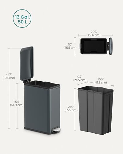 SONGMICS Slim Trash Can, 13-Gallon (50 L) Garbage Can for Narrow Spaces with Soft-Close Lid, Inner Bucket, and Step-on Pedal, Stainless Steel, 15 Trash Bags Included, Charcoal Gray ULTB510G01 - color: Charcoal Gray, style: 13 Gal.