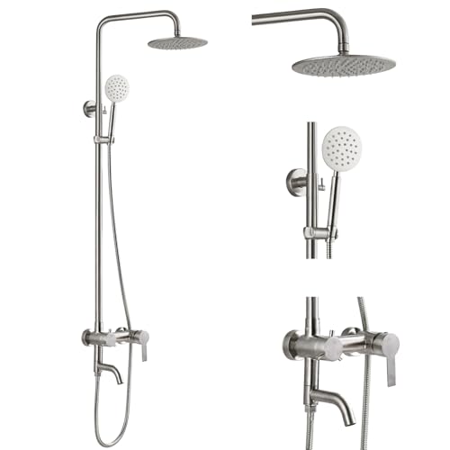 gotonovo Outdoor Shower Kit SUS304 Stainless Steel Brushed Nickel | Outside Shower Fixtures,8’’ Rain Head with Handheld Sprayer,Swivel Tub Spout,Indoor/Outdoor,Poolside,Backyard,Garden,Beach - color: Nickel
