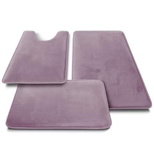 Clara Clark 3 Piece Bathroom Rugs, Velvet Memory Foam Bath Mat Set, Non-Slip Bath Rugs, Machine Wash, Dries Quickly, Ultra Soft Plush Bath Mats for Bathroom, 17 x 24/20 x 32 / Contour, Dusty Purple - color: Dusty Purple