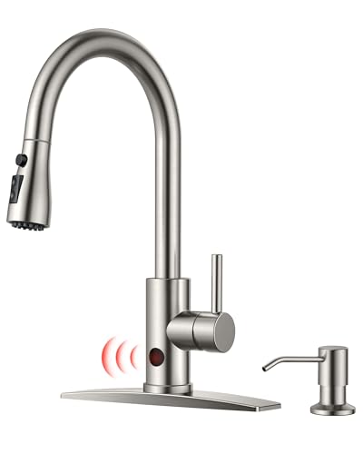 FORIOUS Touchless Kitchen Faucet with Soap Dispenser, Brushed Nickel | Hands-Free Smart Motion Sensor, Single Handle Stainless Steel, Contemporary Pull Down Bar Sink Faucet for Laundry RV Camper - color: Stainless Steel, style: Contemporary
