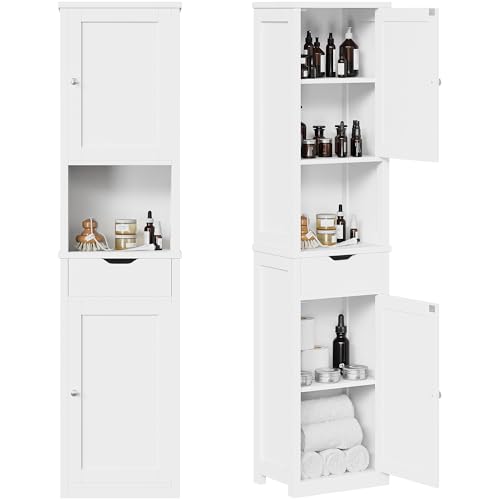 Shintenchi Tall Bathroom Storage Cabinet, Slim Corner Floor Cabinet with Doors and Drawer, Freestanding Narrow Bathroom Organizer with Adjustable Shelves for Small Space, White - color: White