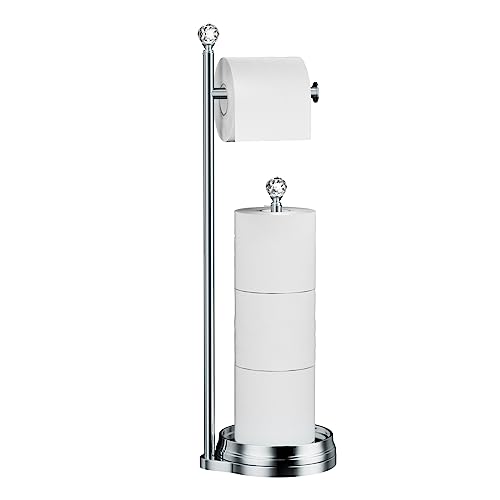 KASUNTO Toilet Paper Holder for Bathroom, Heavy Weighted Metal Free Standing Toilet Paper Holder Stand with Crystal Ball, Toilet Paper Roll Stand for Bathroom Accessories - color: E- Polished Chrome