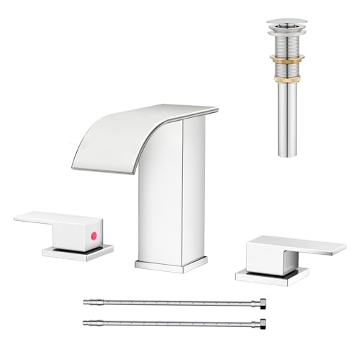 AVSIILE Waterfall Bathroom Faucet 3 Hole, Chrome 8 Inch Widespread Modern 3 Piece Bathroom Sink Faucet, Touch On Lavatory Faucet for Vanity RV Restroom, Curved Spout - color: Chrome, style: Curved Spout