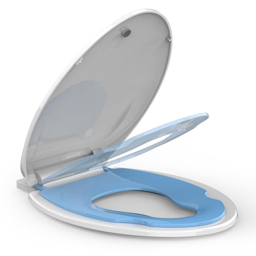 19" Elongated Toddler Toilet Seat, Built-In Potty Training Seat with Soft Quiet Close Non-Slip Design, Magnetic Kids Seat and Cover for Family Bathrooms, Durable and Easy to Clean,Blue - color: Blue, with Toddler Seat, size: Elongated (19″)