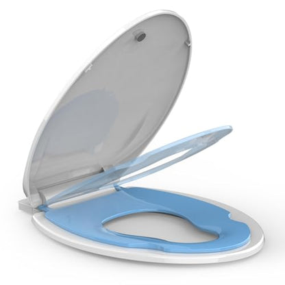 19" Elongated Toddler Toilet Seat, Built-In Potty Training Seat with Soft Quiet Close Non-Slip Design, Magnetic Kids Seat and Cover for Family Bathrooms, Durable and Easy to Clean,Blue - color: Blue, with Toddler Seat, size: Elongated (19″)