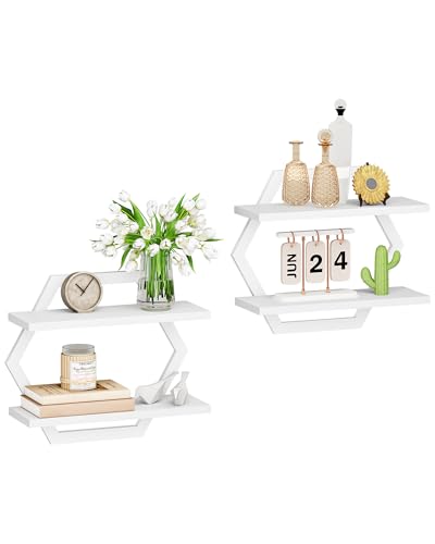 Hexagon Floating Shelves for Wall, Set of 2, 2 -Tier Hanging Shelves, Wall Mounted Storage Shelves, for Living Room, Bedroom, Kitchen, Home Office, Study, White TBJ06P2WB - color: White