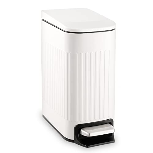 TrashAid Slim Bathroom Trash Can with Lid Soft Close & Pedal, 1.6Gal, White | Removable Inner Bucket, Stainless Steel Garbage Can, Small Wastebasket for Toilet/Office/Bedroom, Retro Design, Odor Control - color: White