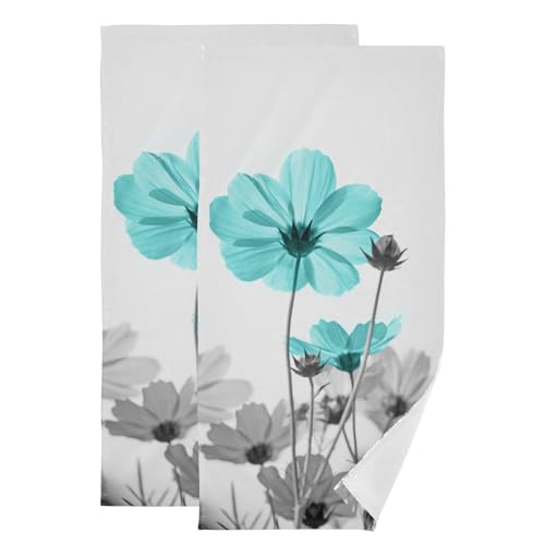 2 Pack Turquoise Grey Floral Hand Towels for Bathroom,Absorbent Fingertip Guest Farmhouse Teal Wildflower Daisy Decorative Bath Towels,Soft Gray White Dish Towels for Kitchen Decor 14"x28" - color: Turquoise