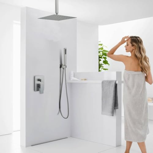 12 Inch Brushed Nickel Ceiling Mount Shower System Bathroom Luxury Rain Mixer Shower Combo Set Ceiling Rainfall Shower Head System Faucet Contain Rough-in Valve and Trim Included - color: Brushed Nickel, size: 12 Inch