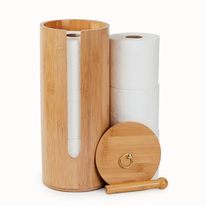 Gobam Bamboo Toilet Paper Storage with Dual-Use Lid, Freestanding Bathroom Tissue Organizer with Viewing Slot, Built-In Handle, Anti-Slip Base, Compact Toilet Paper Holder Stand for up to 3 Mega Rolls - size: 3 Roll - Round