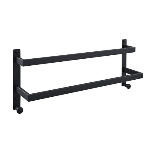 24 Inch Double Towel Bar with Hooks Matte Black, Stainless Steel Bath Shower Towel Rack Wall Mounted Towel Rod Holder for Bathroom - color: Matte Black, size: 24-Inch
