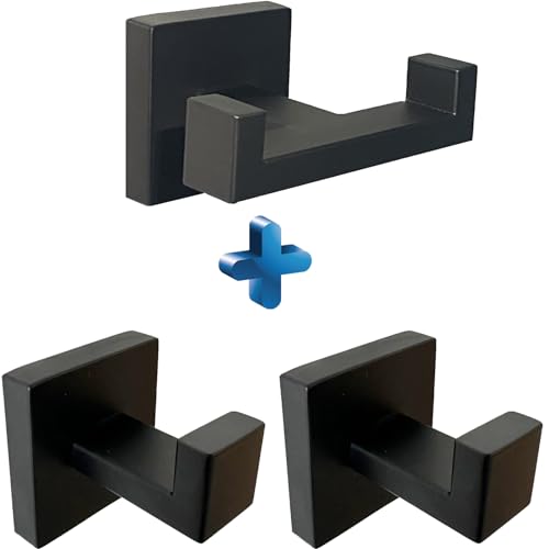 BOZWELL 1 Double Towel Hook and 2 Towel Hooks for Bathroom Matte Black Wall Mount，3 Pack Modern Square Style Coat Robe Hook，Stainless Steel Heavy Duty Door Hanger 1502-B-3 - color: Matte Black, size: 1 Double Hook 2 Single Hooks