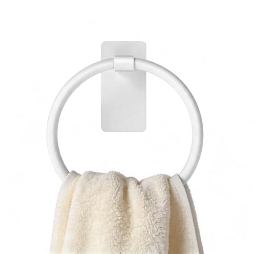 STWWO Hand Towel Holder Adhesive, Round Towel Ring for Bathroom RV, White | for Bath RV Kitchen, Self Adhesive Wall Mounted, No-Drill Stick On Renter Friendly - color: White