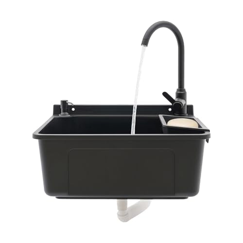 Wall-Mounted Utility Sink Tub Kit with Aluminum Alloy Faucet and Soap Box,Black Anti-clogging Laundry Sink for Bathrooms, Sundry Rooms, Garages(20.08 * 17.52 * 9.45in) - color: Black