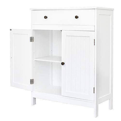 VINGLI White Storage Cabinet with Doors and Drawer Bathroom Floor Cabinet Wood Freestanding Storage Cabinet with Adjustable Shelf for Kitchen Entryway Foyer Living Room, 23.63" W x 11.8" D x 31.5" H