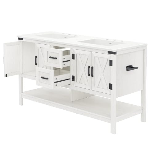 AMERLIFE 60" White Farmhouse Double Sink Bathroom Vanity, Solid White Top | Antique White, Solid White Integrated Top, Moisture-Resistant MDF, 4 X-Panel Doors, 2 Drawers, Open Shelf, Paper Towel Holder - color: Antique White, size: 60”